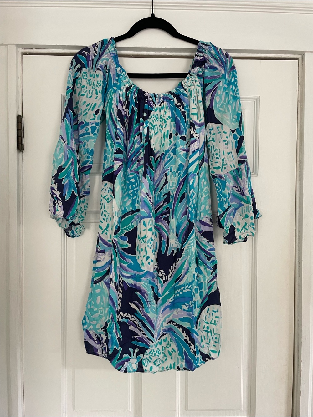 Lilly Pulitzer Women’s Turquoise & Navy Print Off-Shoulder Dress- Size M